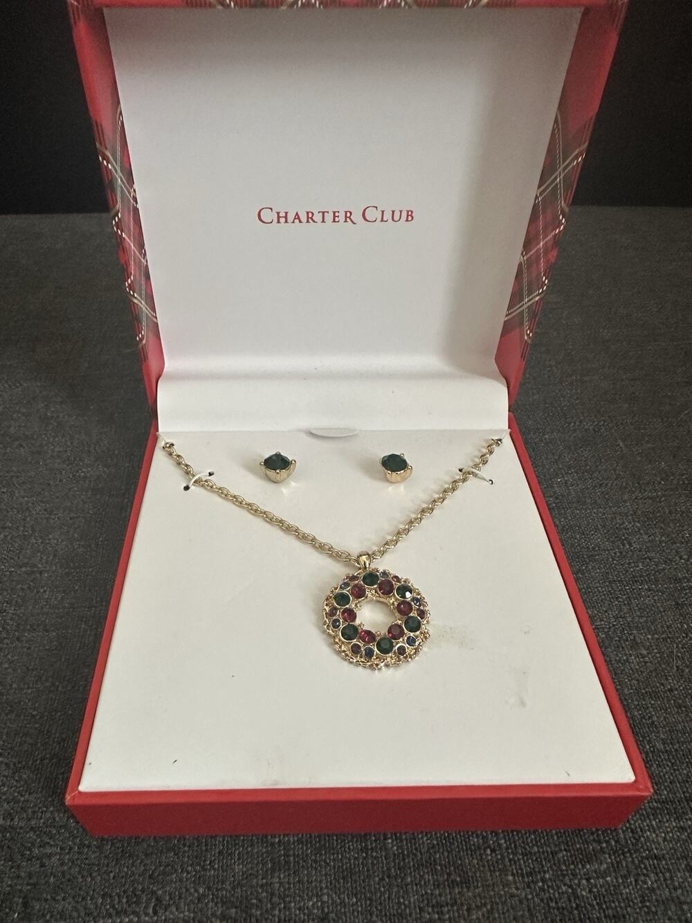 Charter Club Christmas Wreath Necklace Earrings Set Gold Tone Boxed
